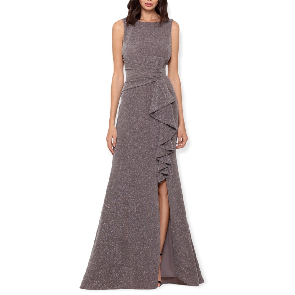 Betsy & Adam Sleeveless Cascade Front Glitter Gown, Taupe Silver, A23550, 6